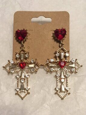 Very lovely red & clear rhinestone cross stud earrings w/ sterling silver posts